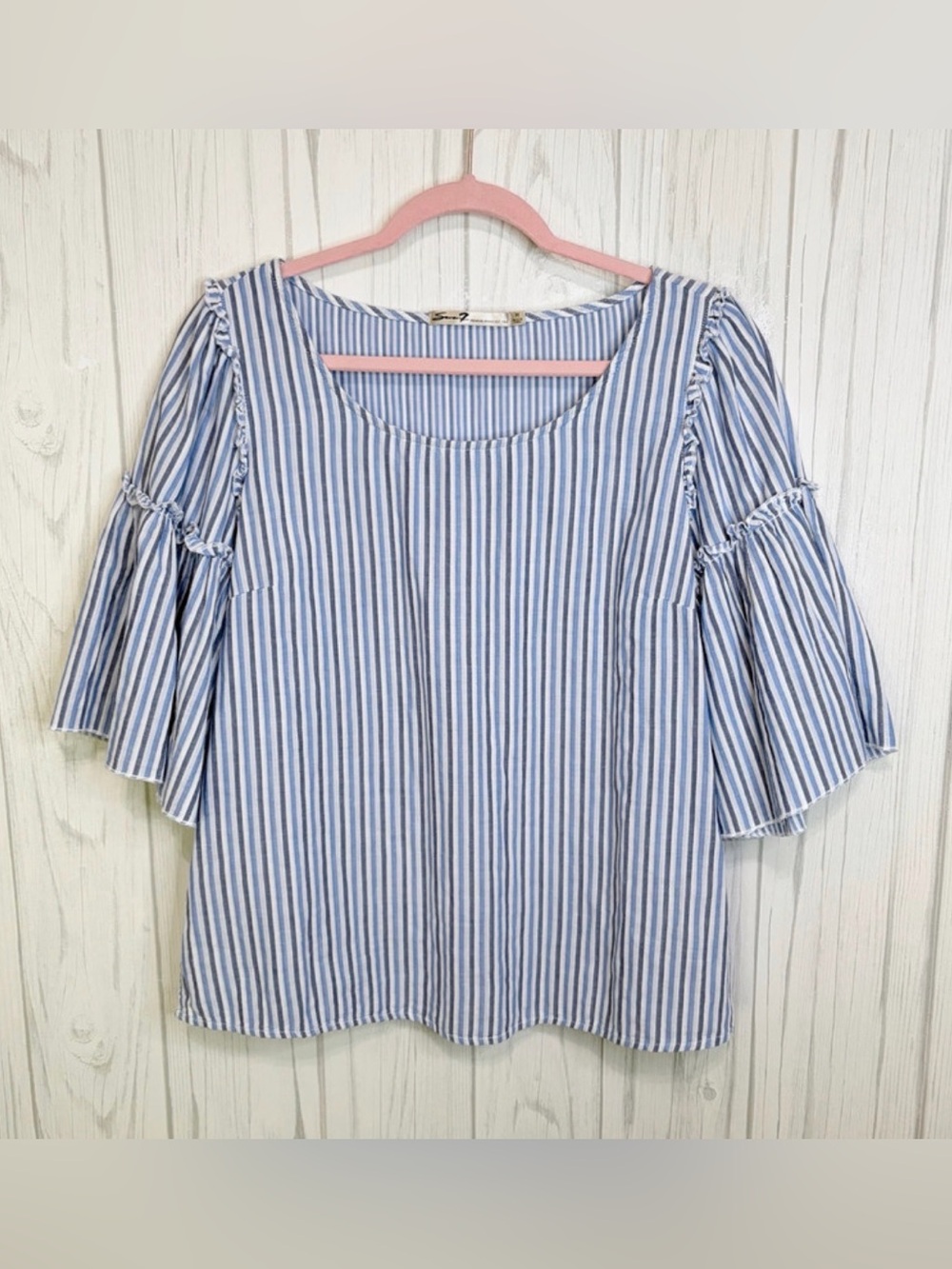SEVEN7 Blue White Striped Cotton Top Medium Bell Sleeve Ruffle Boho Coastal